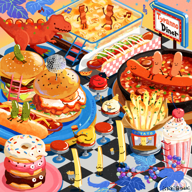 bacon branch bread burger checkered_floor cheese cherry dinosaur disco_ball doughnut food food_focus french_fries fruit frying_pan hot_dog issiki_toaki ketchup leaf lettuce mayonnaise meat milkshake musical_note mustard no_humans original stairs stool