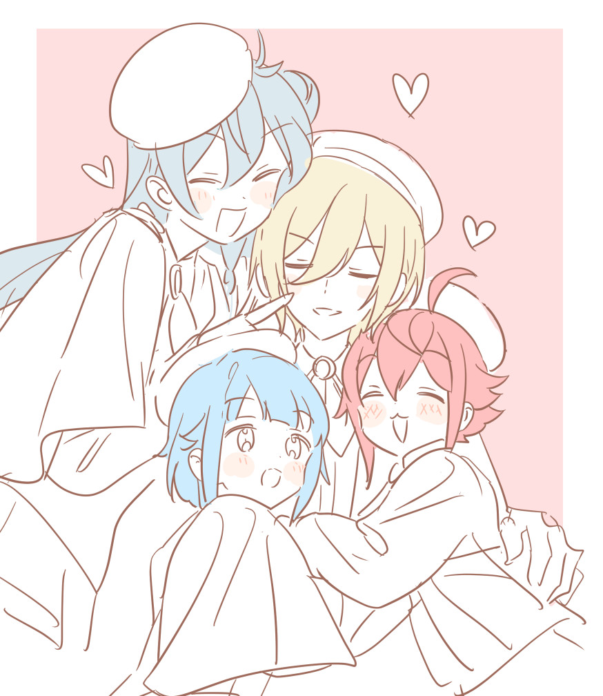 4boys blonde_hair blue_hair blush border closed_eyes ensemble_stars! grey_border hair_bun half_updo heart hibiki_wataru himemiya_tori multiple_boys open_mouth pink_background pink_hair rice_(rice8p) shino_hajime short_hair sketch tenshouin_eichi