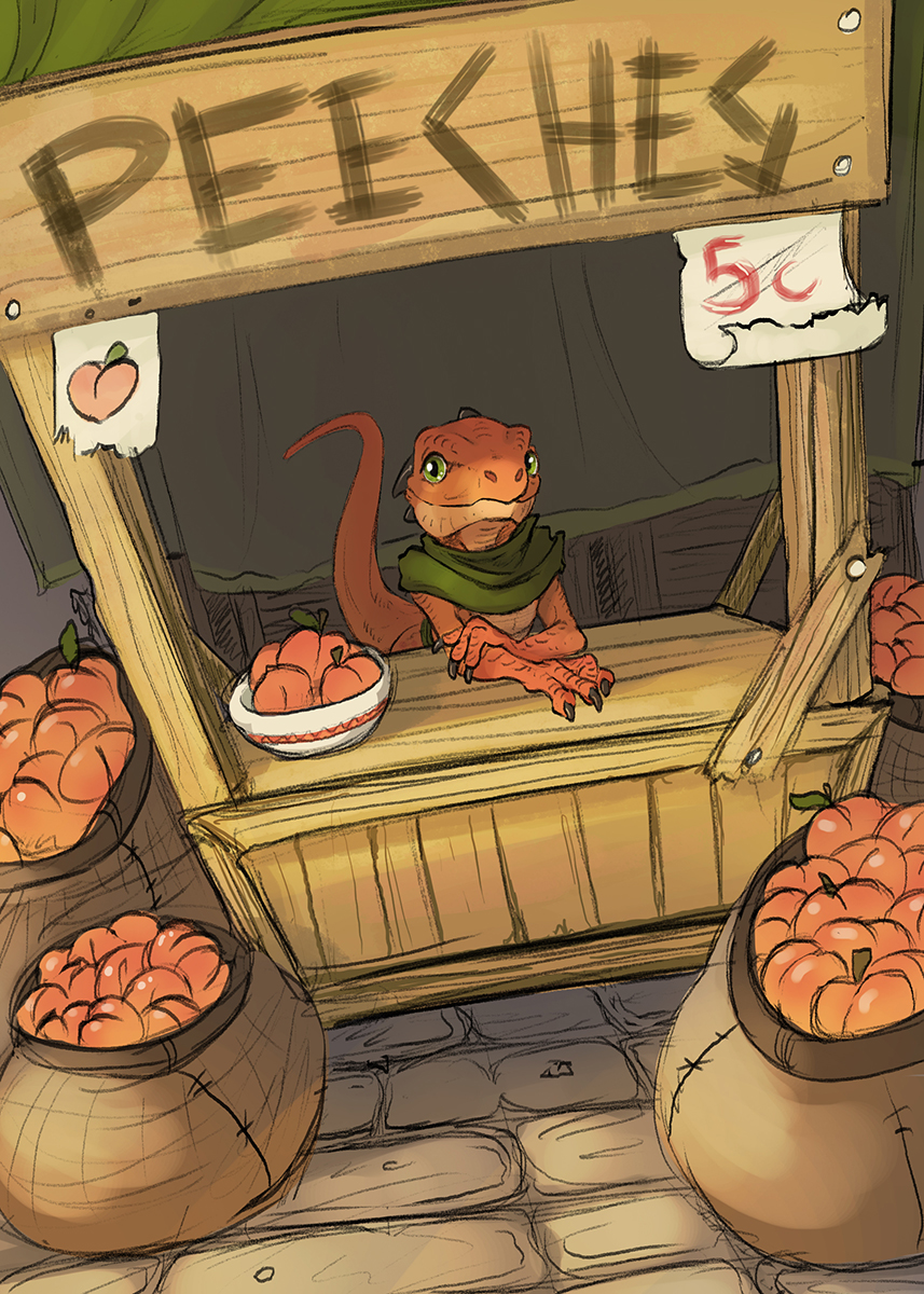 ambiguous_gender anthro claws clothed clothing detailed_background female_(lore) flamespitter food fruit fruit_stand green_eyes hi_res horn kobold orange_body orange_scales peach_(fruit) peaches_(flamespitter) plant scales scarf smile solo