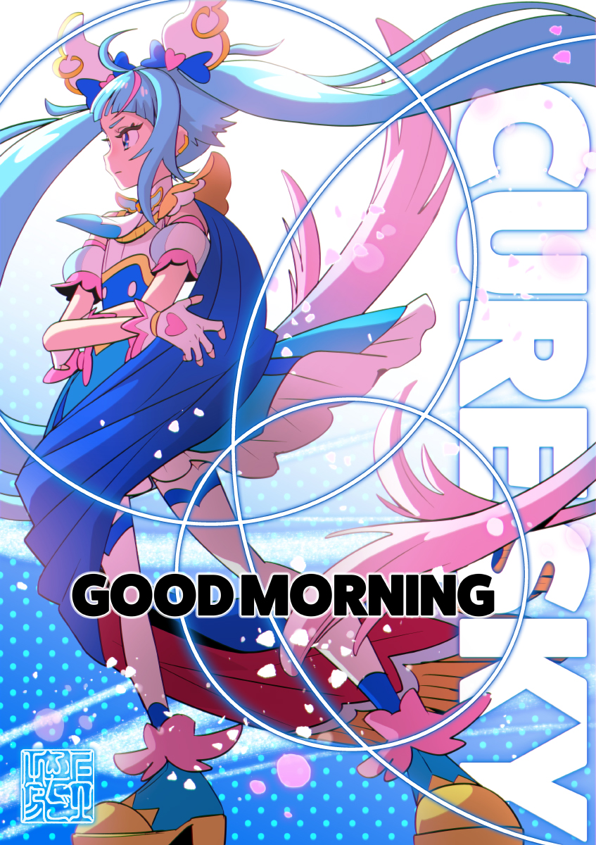 1girl ahoge artist_logo blue_cape blue_dress blue_eyes blue_footwear blue_hair boots cape character_name commentary_request cure_sky detached_sleeves dress english_text gloves good_morning gradient_background hair_ornament highres hirogaru_sky!_precure kamikita_futago long_hair magical_girl multicolored_hair pink_hair precure puffy_short_sleeves puffy_sleeves red_cape short_sleeves solo sora_harewataru stamp_mark standing streaked_hair thighhighs thighs twintails two-tone_cape two-tone_hair very_long_hair white_gloves white_thighhighs wing_hair_ornament