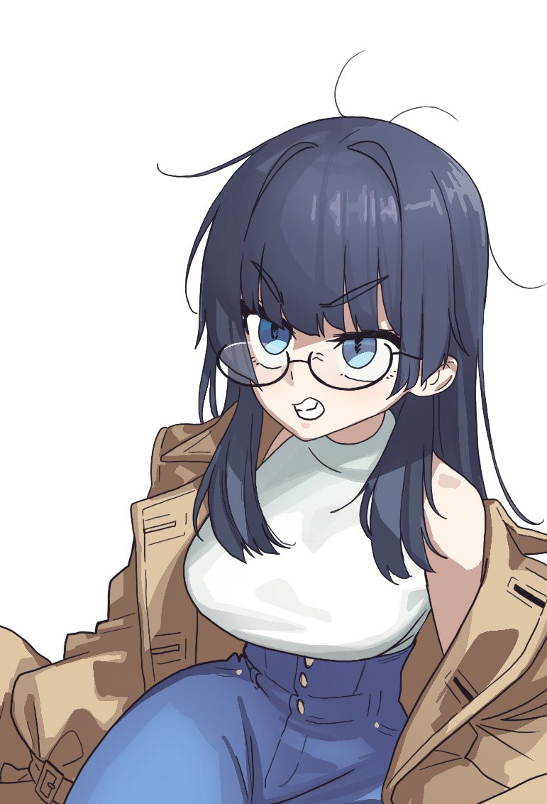 1girl angry bare_shoulders blue_eyes blue_hair blue_pants blunt_bangs breasts brown_coat clenched_teeth clothing_cutout coat denim glasses hair_intakes high-waist_pants hololive hololive_english jeans large_breasts long_hair messy_hair official_alternate_costume official_alternate_hairstyle open_clothes open_coat ouro_kronii ouro_kronii_(3rd_costume) pants shirt simple_background sleeveless solo teeth trench_coat turtleneck virtual_youtuber white_background white_shirt zedd_(zedgawr)
