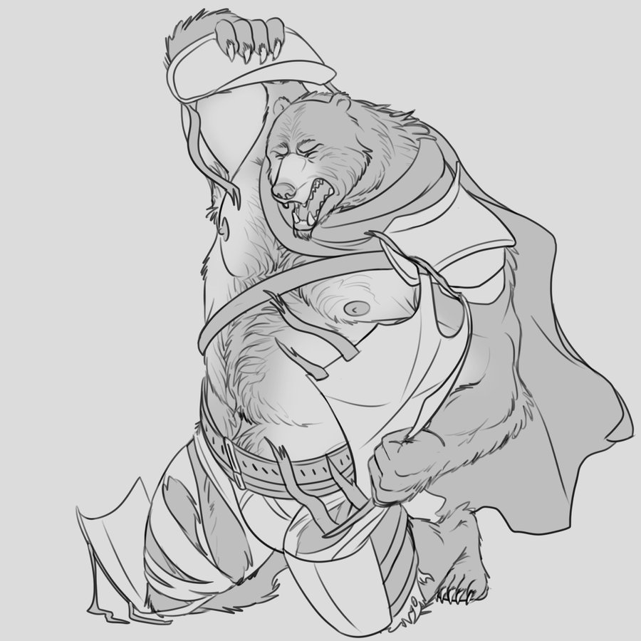 anthro armor awarebear bear cape claws clothing eyes_closed fur kneeling male mammal mid_transformation muscular muscular_anthro muscular_male navel nipples sharp_claws sharp_teeth simple_background solo tearing_clothing tearing_own_clothing teeth torn_clothing transformation were wereursid white_background