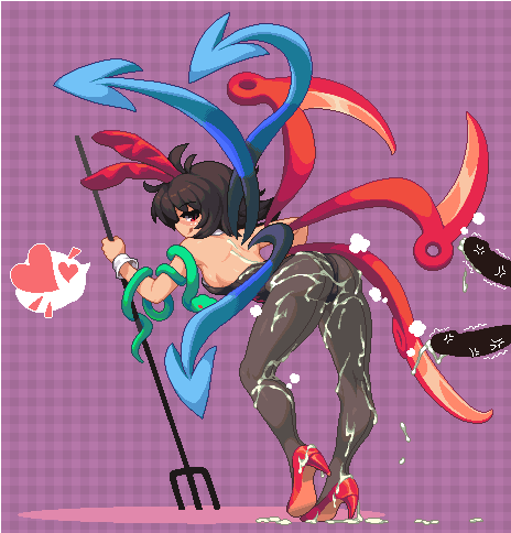 1girl alternate_costume anger_vein animal_ears ass asymmetrical_wings bent_over black_hair black_leotard black_pantyhose blue_wings closed_mouth commentary_request cum cum_on_ass cum_on_body cum_on_clothes cum_on_floor cum_on_legs cum_on_penis detached_collar fake_animal_ears full_body heart high_heels holding_trident houjuu_nue leotard lowres namako_(takorin) pantyhose penis plaid plaid_background playboy_bunny polearm profile rabbit_ears red_eyes red_footwear red_wings shoes short_hair snake spoken_heart standing steam tongue tongue_out touhou trident twitching_penis weapon wings wrist_cuffs