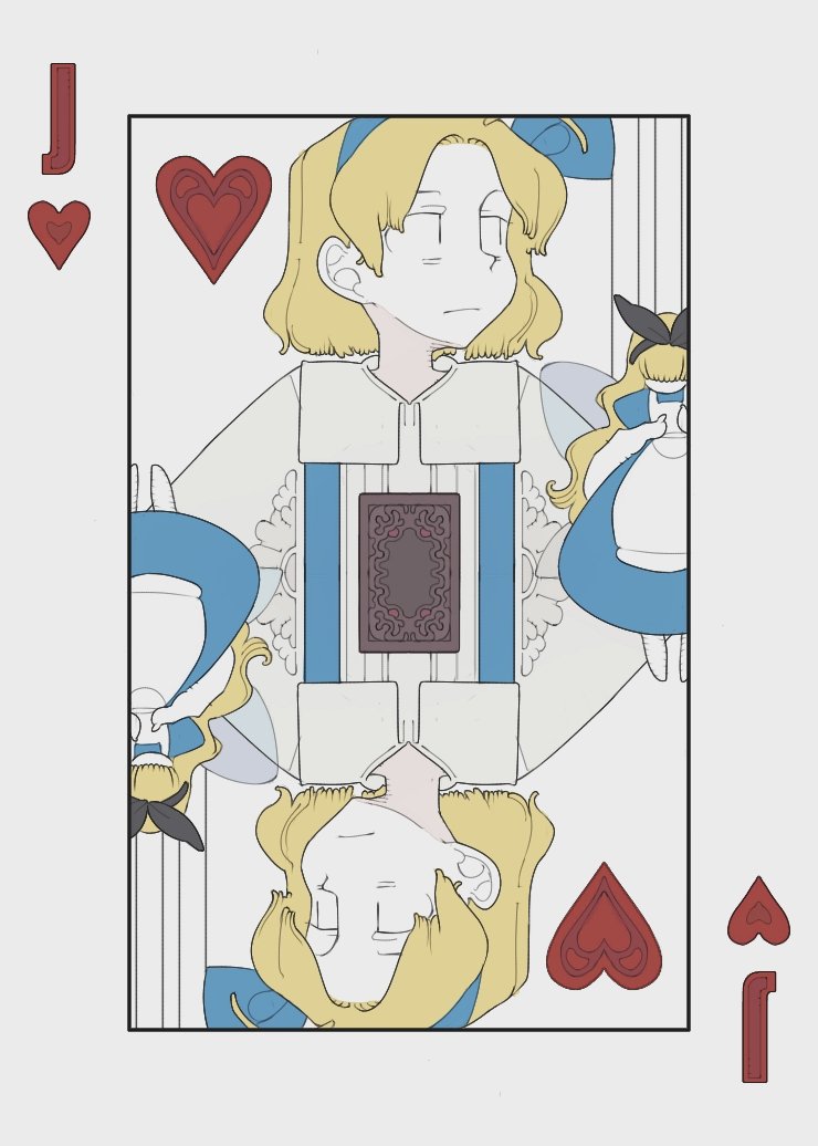 1girl alice_(alice_in_wonderland) alice_in_wonderland alice_margatroid alice_margatroid_(pc-98) black_headwear blonde_hair blue_hairband blue_headwear bolos bow card dress hair_bow hair_ornament hair_ribbon hairband heart jack_(playing_card) jack_of_hearts long_hair marionette playing_card puppet puppet_strings ribbon shirt short_hair suspenders touhou touhou_(pc-98) wings