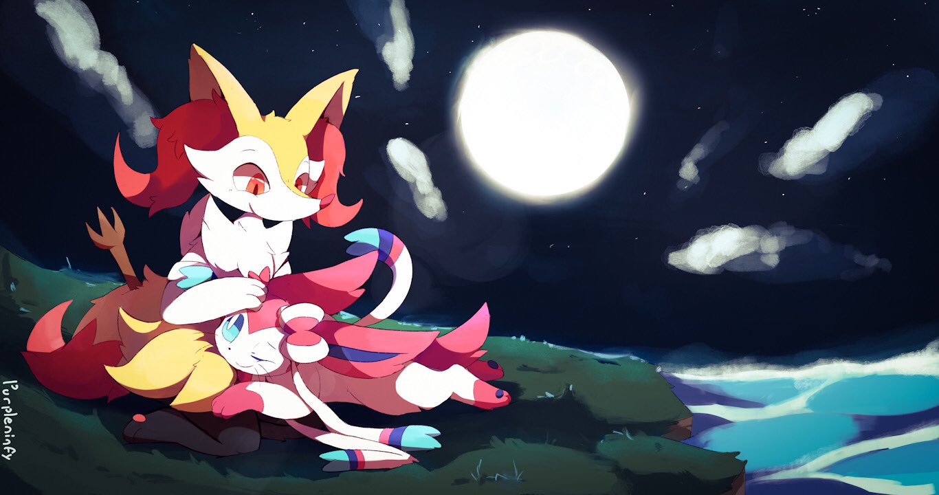 2019 ambiguous_gender anthro blue_body blue_ears blue_fur blue_sclera braixen canid canine cloud cuddling digital_media_(artwork) digital_painting_(artwork) duo eeveelution feral full_moon fur fur_markings generation_6_pokemon grass inner_ear_fluff leg_markings looking_at_another lying mammal markings moon multicolored_body multicolored_ears multicolored_fur night nintendo on_front one_eye_closed outside pawpads paws pink_body pink_ears pink_fur pink_tail plant pokemon pokemon_(species) purpleninfy red_body red_ears red_eyes red_fur red_tail ribbons shaded signature sitting sky smile socks_(marking) stick sylveon tail tail_markings tuft two_tone_body two_tone_ears two_tone_fur two_tone_tail water white_body white_eyes white_fur white_tail yellow_body yellow_ears yellow_fur yellow_tail