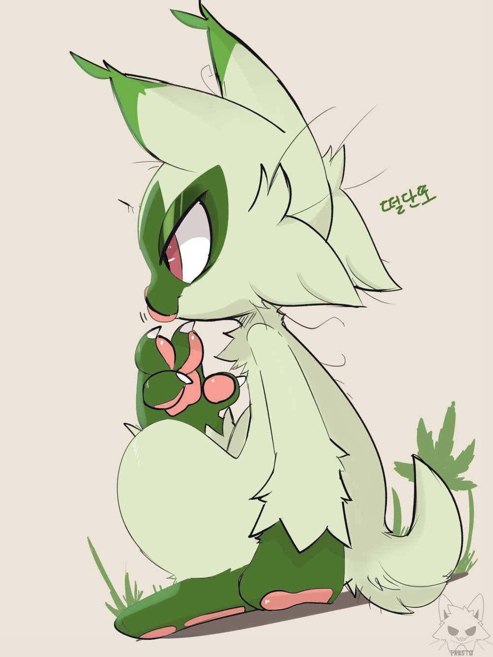 ambiguous_gender anthro dipstick_ears floragato fur generation_9_pokemon grass green_body green_fur hi_res korean_text licking licking_lips multicolored_ears nintendo plant pokemon pokemon_(species) presto_(artist) sitting solo text tongue tongue_out