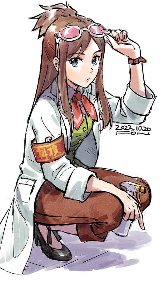1girl ace_attorney adjusting_eyewear aqua_eyes arm_up armband black_footwear bottle brown_armband brown_hair brown_pants buttons capri_pants closed_mouth coat collared_shirt dated ema_skye ema_skye_(aa6) eyewear_on_head fon-due_(fonfon) green_vest half_updo high_heels lapels long_hair looking_at_viewer neckerchief open_clothes open_coat pants phoenix_wright:_ace_attorney_-_spirit_of_justice pink-tinted_eyewear print_armband red_neckerchief shirt sidelocks simple_background sleeves_rolled_up solo spray_bottle squatting swept_bangs text_print tinted_eyewear vest watch white-framed_eyewear white_background white_coat wristwatch