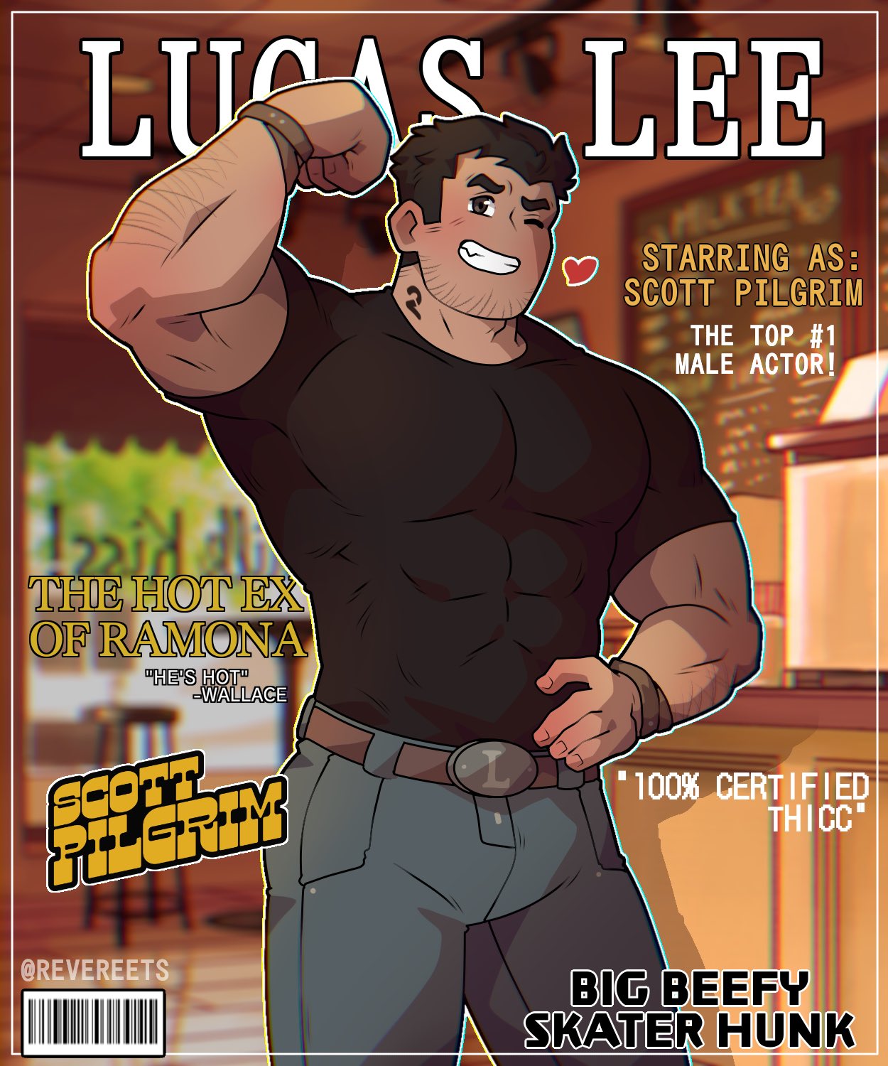1boy alternate_skin_color arm_hair arm_up bara beard_stubble biceps black_hair cafe cover covered_abs dark-skinned_male dark_skin denim english_text feet_out_of_frame flexing highres jeans large_pectorals looking_at_viewer lucas_lee magazine_cover male_focus menu_board muscular muscular_male one_eye_closed pants pectorals revereets scott_pilgrim_takes_off shirt short_hair short_sleeves smile solo source_quote_parody standing t-shirt thick_eyebrows tight_clothes tight_shirt
