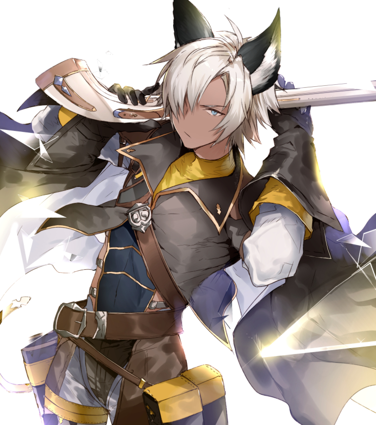 1boy :/ animal_ears belt belt_buckle belt_pouch black_cape black_jacket blue_eyes blue_shirt brown_belt buckle cape closed_mouth cowboy_shot dark-skinned_male dark_skin erune eustace_(granblue_fantasy) granblue_fantasy gun hair_over_one_eye hayama_eishi holding holding_gun holding_weapon holster jacket looking_at_viewer male_focus over_shoulder pants pouch rifle shirt short_hair simple_background solo thigh_holster turtleneck two-tone_shirt v-shaped_eyebrows weapon weapon_over_shoulder white_background white_hair white_pants wolf_boy wolf_ears yellow_shirt