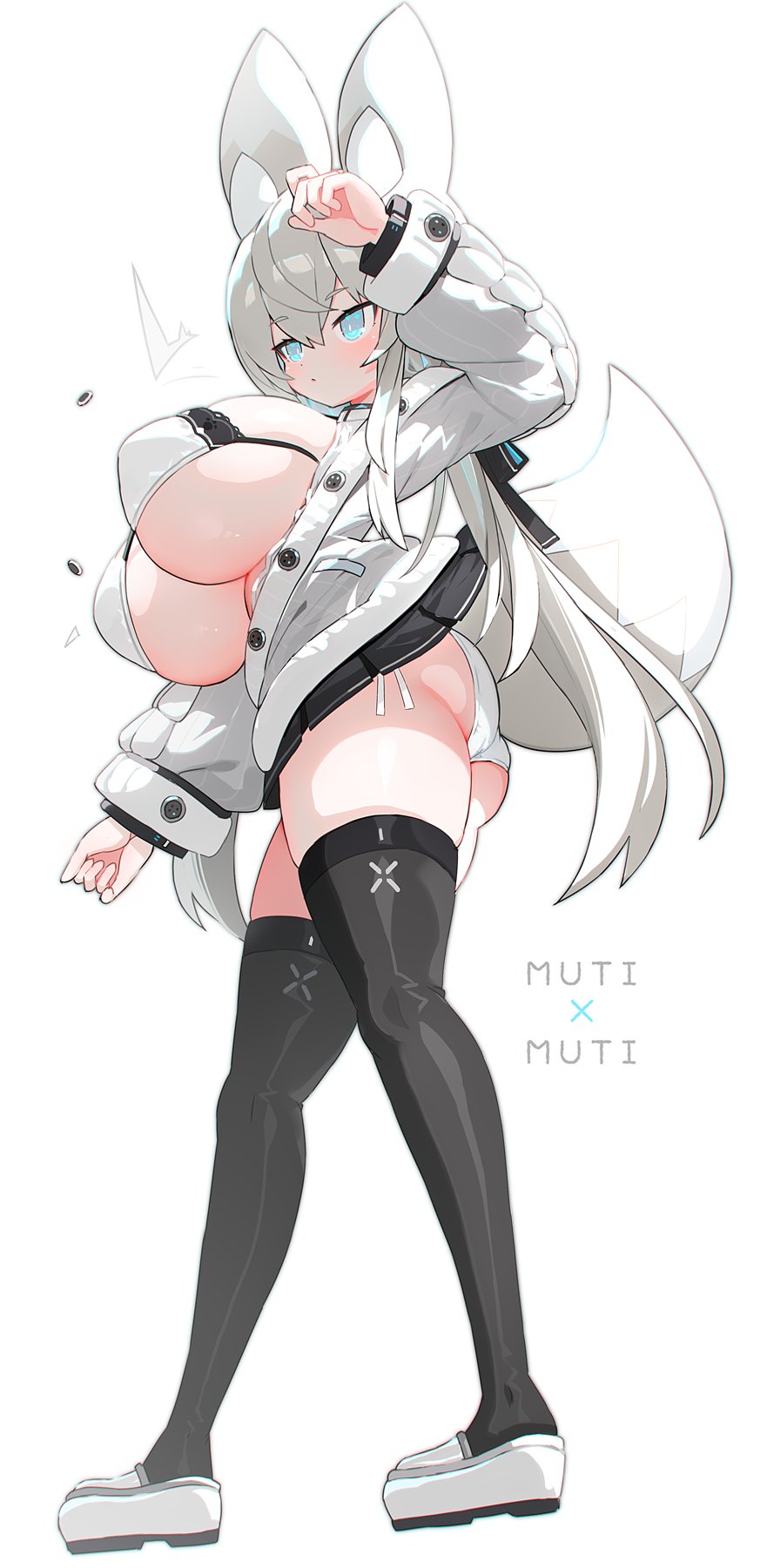 1girl animal_ears aqua_eyes arm_up ass black_skirt black_thighhighs bra breasts expressionless fox_ears fox_girl fox_tail full_body fur-trimmed_jacket fur_trim grey_hair hair_between_eyes highres huge_breasts jacket jitome long_hair mamuru miniskirt original panties pantyshot pleated_skirt shoes side-tie_panties skindentation skirt solo string_bra tail thighhighs thighs underboob underwear very_long_hair wardrobe_malfunction white_bra white_footwear white_jacket white_panties