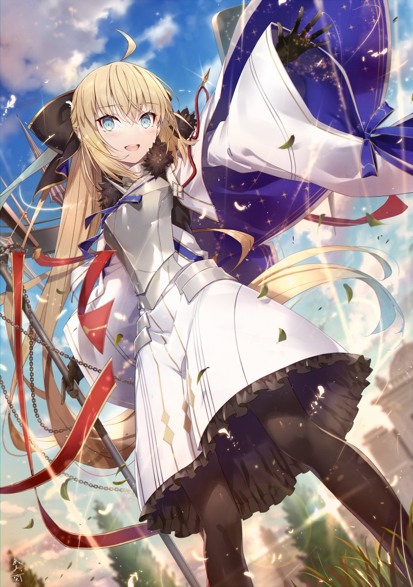 ahoge armor armored_dress black_fur black_gloves black_pantyhose blonde_hair blue_eyes blue_ribbon blue_sky blush breasts city cloud cloudy_sky dress fate/grand_order fate_(series) fur_trim gabiran gloves gold_trim highres holding holding_staff long_sleeves looking_at_viewer open_mouth pantyhose red_ribbon ribbon sky small_breasts staff standing teeth tonelico_(fate) twintails uvula white_dress
