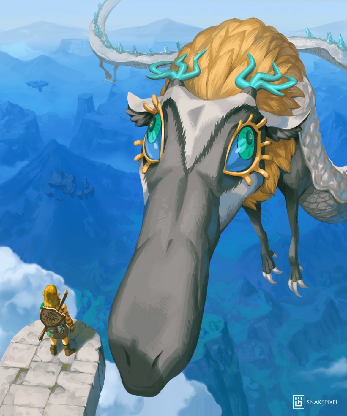 1boy archaic_set_(zelda) blue_sclera claws cloud colored_sclera dragon dragon_horns floating_island flying green_eyes highres horns let_me_do_it_for_you_(meme) light_dragon_(zelda) link long_nose looking_at_another meme midair mountainous_horizon simon_stafsnes_andersen the_legend_of_zelda the_legend_of_zelda:_tears_of_the_kingdom