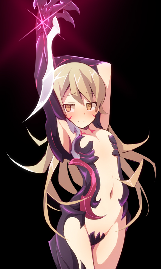 &gt;:) 1girl armpits arms_up black_background breasts brown_eyes brown_hair claws closed_mouth glowing groin idolmaster idolmaster_cinderella_girls long_hair morikubo_nono navel revealing_clothes revision simple_background small_breasts smile solo uccow v-shaped_eyebrows very_long_hair witchblade