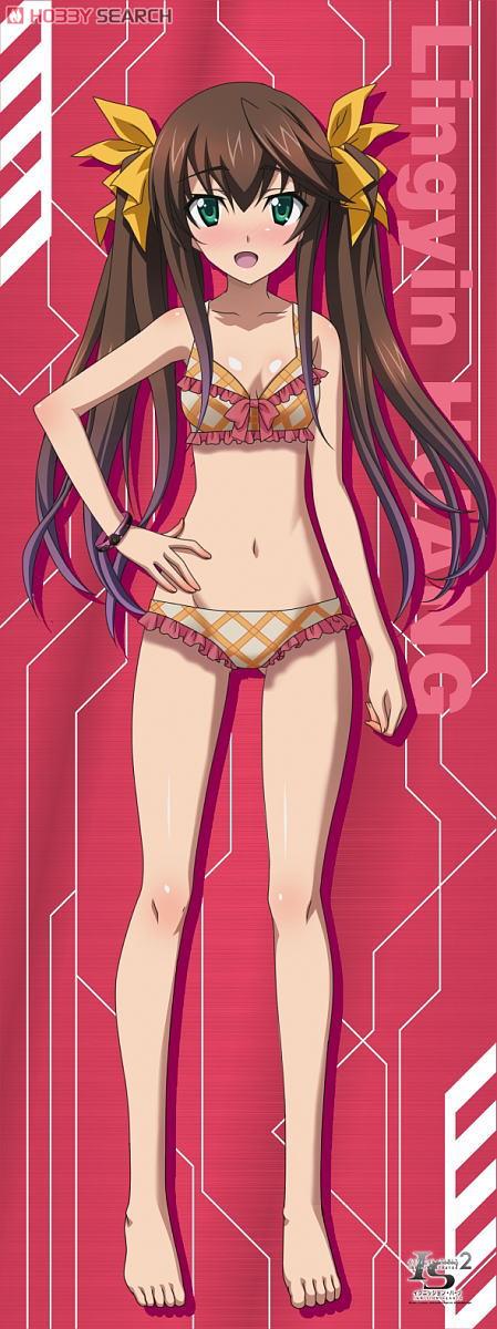 1girl barefoot bikini breasts brown_hair frilled_bikini frills full_body green_eyes hand_on_own_hip highres huang_lingyin infinite_stratos long_hair looking_at_viewer navel official_art orange_bikini plaid plaid_bikini red_background small_breasts solo standing swimsuit twintails