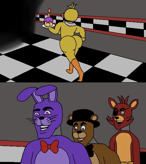 animan_studios anthro avian bear bib big_butt bird bonnie_(fnaf) bow_tie butt canid canine carl_the_cupcake chica_(fnaf) chicken clothing cupcake cupcake_(fnaf) eye_patch eyewear female five_nights_at_freddy's food fox foxy_(fnaf) freddy_(fnaf) galliform gallus_(genus) group hat headgear headwear lagomorph leporid male mammal phasianid rabbit scottgames top_hat