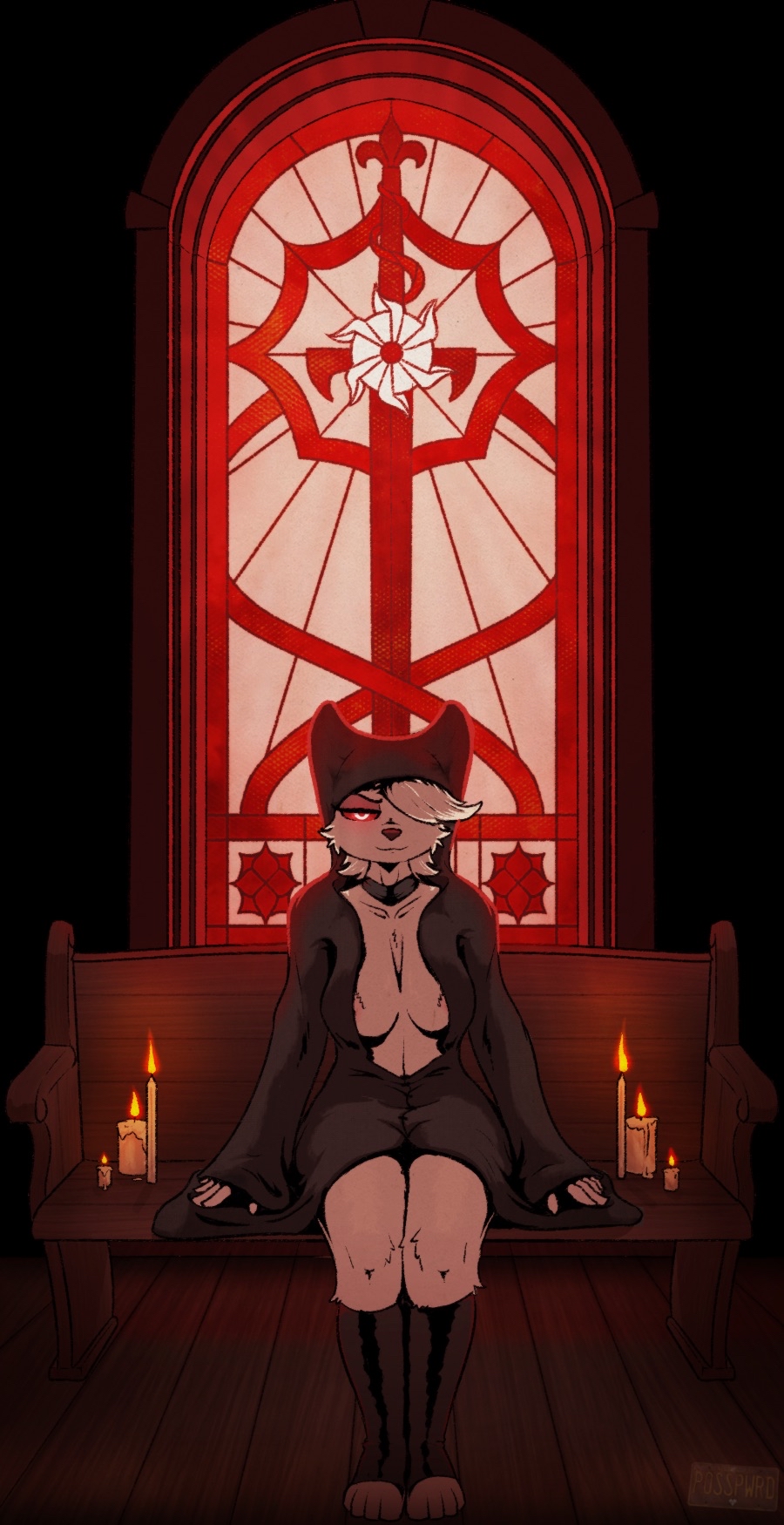 anthro areola areola_slip candle clothing female fur hi_res joan_novark_(posspowered) looking_at_viewer mammal mustelid musteline posspowered red_eyes robe sitting solo stained_glass stoat true_musteline weasel white_body white_fur