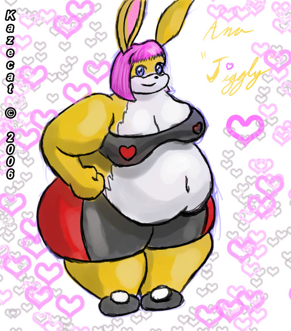 2006 anthro belly big_belly big_breasts big_butt bottomwear breasts butt clothed clothing colored_sketch digital_media_(artwork) female fur hair huge_belly huge_breasts huge_butt huge_thighs jiggly_(kazecat) kazecat lagomorph leporid mammal navel obese obese_anthro obese_female overweight overweight_anthro overweight_female pink_hair rabbit simple_background sketch thick_thighs topwear wide_hips yellow_body yellow_fur