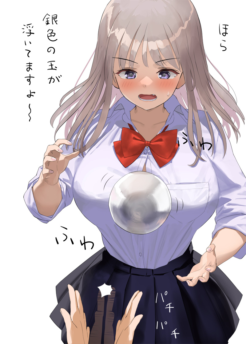 1girl 1other between_breasts black_skirt blush bow bowtie breasts brown_hair commentary_request kaisen_chuui ladle large_breasts medium_hair open_mouth optical_illusion original purple_eyes red_bow red_bowtie school_uniform shirt simple_background skirt solo_focus teeth translation_request white_background white_shirt