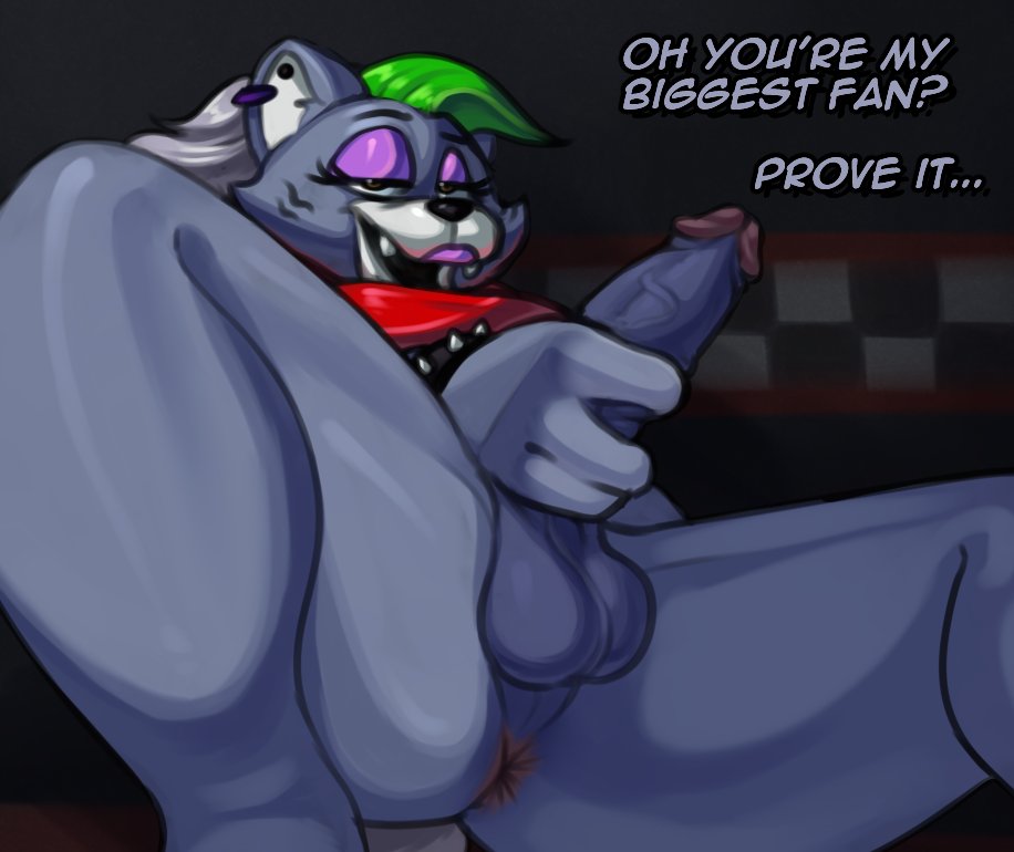 anthro anus balls bottomless butt canid canine canis chipchell clothed clothing crossgender dialogue ear_piercing five_nights_at_freddy's five_nights_at_freddy's:_security_breach fur genitals green_hair grey_body grey_fur grey_hair gynomorph hair holding_penis intersex lipstick makeup mammal multicolored_body partially_clothed penis perineum piercing purple_lipstick roxanne_wolf_(fnaf) scottgames solo steel_wool_studios text two_tone_body vein veiny_penis white_body white_fur wolf