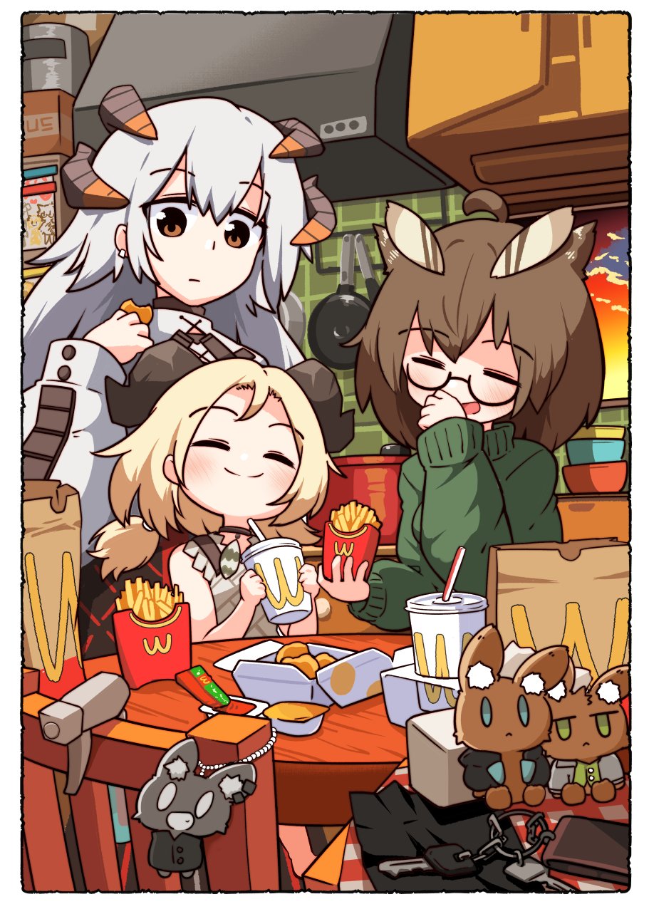 3girls ahoge arknights blonde_hair blush border bottle bowl bowl_stack box brand_name_imitation brown_eyes brown_hair cardboard_box chair character_doll chibi chicken_nuggets closed_eyes cloud commentary condiment_packet cooking_pot counter cup demon_girl demon_horns disposable_cup disposable_cup_holder dress drink drinking_straw fast_food feather_hair food french_fries frying_pan glass green_sweater grey_dress grey_hair hair_between_eyes highres holding holding_drink holding_food horns ifrit_(arknights) indoors kado_(hametunoasioto) ketchup long_hair looking_at_another looking_down looking_up mcdonald's multiple_girls owl_girl parted_bangs saria_(arknights) sauce short_twintails silence_(arknights) sitting smile spray_bottle sunset sweater table twintails upper_body wallet wcdonald's wind yoru_mac
