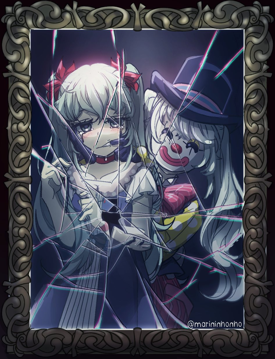 2girls baggy_pants black_headwear blue_dress bow bowtie broken_glass broken_mirror choker clenched_teeth clown clown_mask clown_nose collarbone crying crying_with_eyes_open dress dual_persona empty_eyes fingersmile forced_smile frilled_sleeves frills glass hair_ribbon half-closed_eyes hat hatsune_miku highres karakuri_pierrot_(vocaloid) light_blush long_hair marininho mask mirror multicolored_hair multiple_girls muted_color pale_skin pants picture_frame polka_dot_sleeves red_bow red_bowtie red_choker red_pants red_ribbon ribbon short_sleeves spring_onion streaked_hair streaming_tears striped striped_bow striped_bowtie striped_pants tears teeth top_hat twintails twitter_username vertical-striped_pants vertical_stripes vocaloid wavy_hair yellow_sleeves