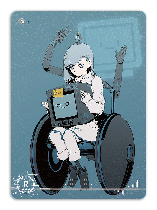 1girl artificial_legs artist_request blue_background blue_eyes blue_hair blue_theme bob_cut bright_pupils cable character_name chinese_text crt cytus_ii english_text expressionless frown full_body game_cg hair_ornament hairclip holding jitome looking_at_viewer looking_to_the_side mechanical_arms monitor nora_(cytus) object_on_head official_art pajamas prosthesis prosthetic_leg robo_head_(cytus) robot short_hair sitting solo sticky_note technology third-party_source trading_card translated transparent_background v wheelchair white_pajamas white_pupils