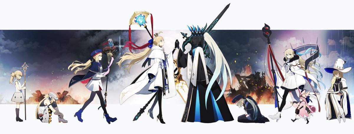 3girls ahoge armor armored_dress artoria_caster_(fate) artoria_caster_(first_ascension)_(fate) artoria_caster_(second_ascension)_(fate) artoria_caster_(third_ascension)_(fate) artoria_pendragon_(fate) baggy_clothes baggy_pants belt beret black_bow black_dress black_gloves blonde_hair blue_belt blue_bow blue_cape blue_capelet blue_choker blue_cloak blue_eyes blue_headwear blue_ribbon bow braid breastplate breasts button_eyes cape capelet choker cloak closed_eyes coat crown diamond_hairband dress facial_mark fate/grand_order fate_(series) forehead_mark french_braid fur-trimmed_capelet fur_trim glasses gloves green_eyes grey_hair habetrot_(fate) hair_between_eyes hair_bow hat holding holding_staff hood hooded_cape igote jacket large_breasts long_hair long_sleeves marmyadose_(fate) mirror_twins morgan_le_fay_(fate) multicolored_cape multicolored_capelet multicolored_cloak multicolored_clothes multicolored_ribbon multiple_girls ninjin_(ne_f_g_o) o-ring o-ring_belt ornament pants pantyhose pink_coat pink_hair pink_headwear pink_jacket pointy_ears ponytail red_brooch ribbon robe round_eyewear sidelocks smile spiked_armor staff striped_belt tonelico_(fate) twintails two-tone_dress two-tone_sleeves very_long_hair white_cloak white_dress white_robe white_uniform wide_brim witch_hat