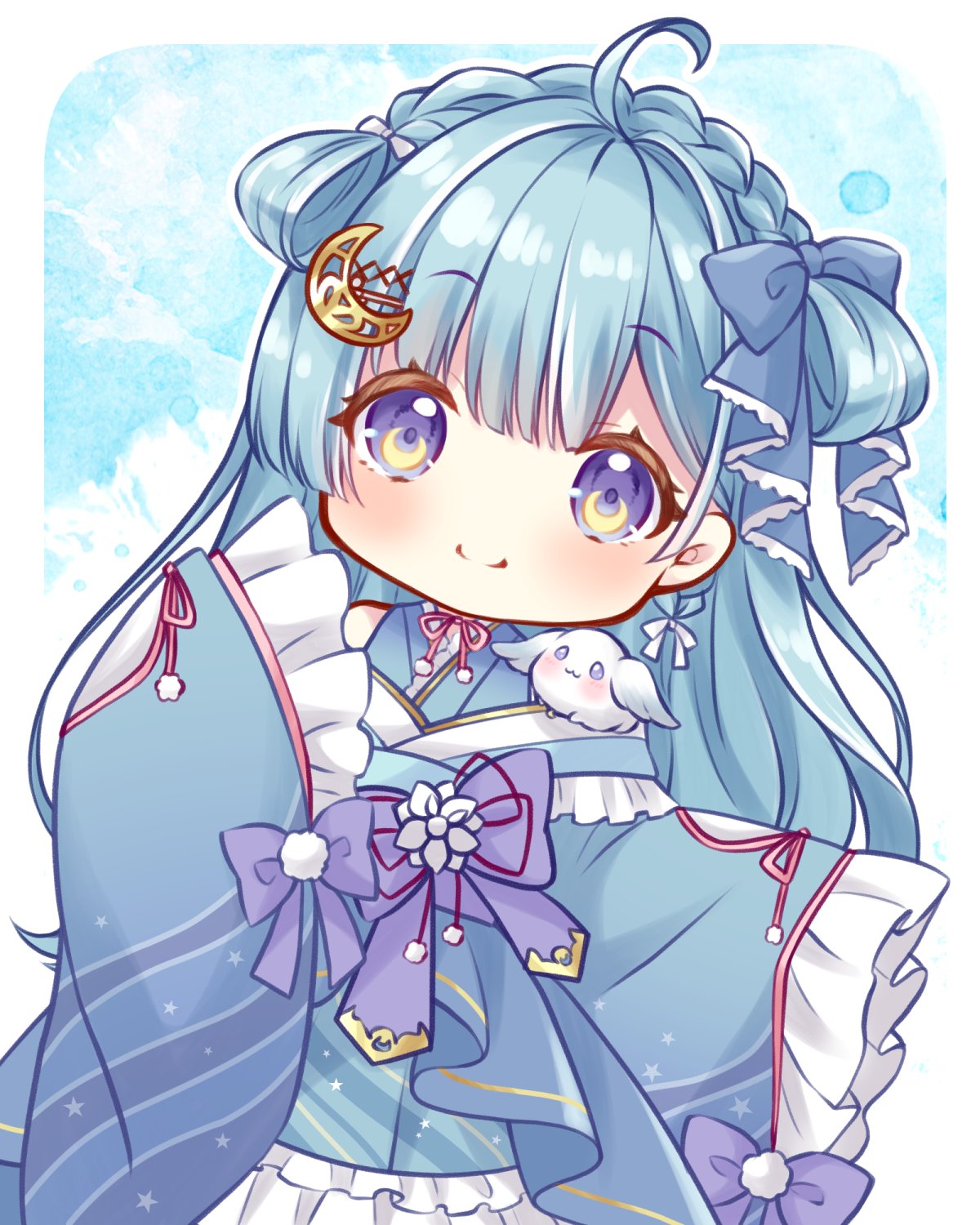 1girl ahoge amaui animal_on_shoulder blue_bow blue_hair blue_kimono blunt_bangs blush bow braid closed_mouth commentary_request cowboy_shot crescent crescent_hair_ornament crown_braid frilled_kimono frilled_sleeves frills hair_bow hair_ornament head_tilt highres japanese_clothes kimono long_hair long_sleeves looking_at_viewer medium_bangs nanashi_inc. neck_ribbon pink_ribbon purple_bow purple_eyes purple_sash rabbit ribbon sash side_braid sleeves_past_fingers sleeves_past_wrists smile solo usaba_(usabara_c) virtual_youtuber white_bow wide_sleeves