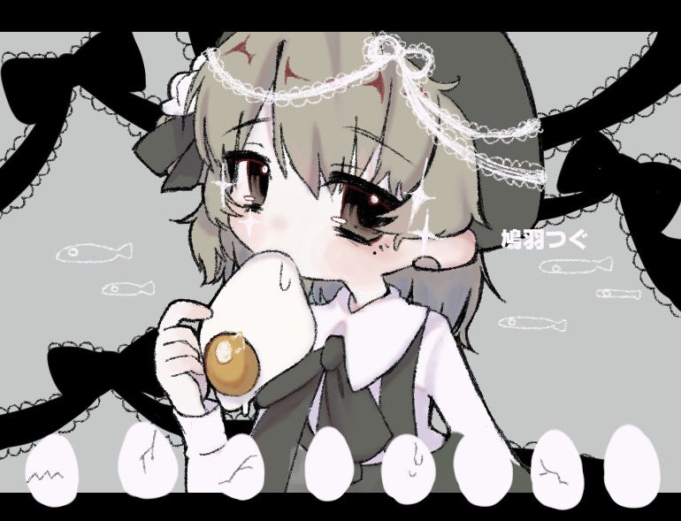 1girl bandaid_on_ear beret black_headwear black_ribbon blush brown_eyes brown_hair character_name collared_shirt commentary_request cracked_egg egg fish flower fried_egg grey_background hair_flower hair_ornament hair_ribbon hand_up hat hatoba_tsugu hell_piyo holding holding_egg lace-trimmed_ribbon lace_trim letterboxed looking_at_viewer medium_hair mole mole_under_eye neck_ribbon raised_eyebrows ribbon shirt simple_background solo sparkle suspenders tsugu_(vtuber) upper_body virtual_youtuber white_flower white_ribbon white_shirt