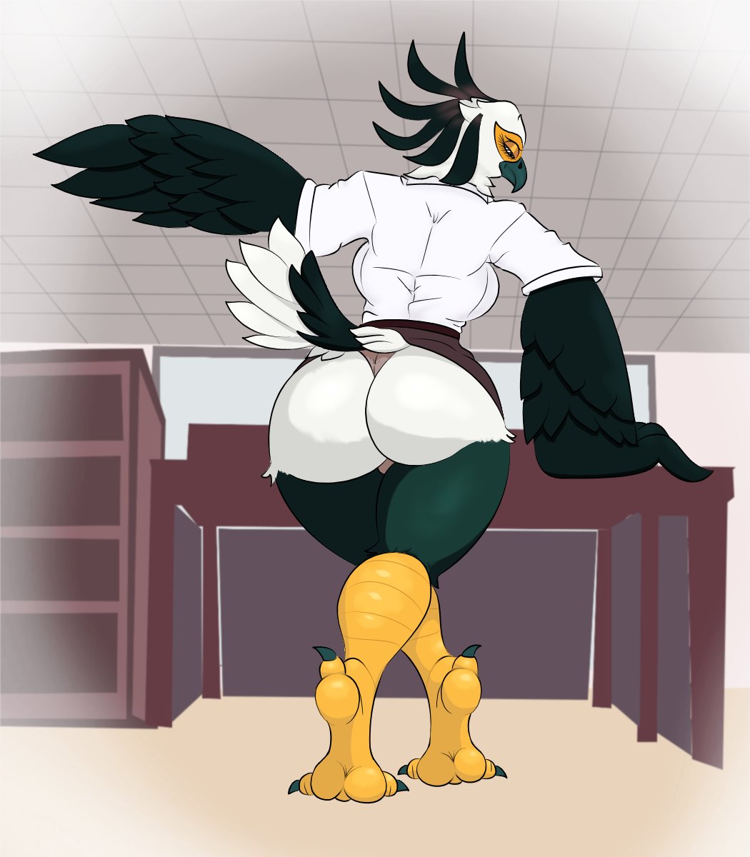 accipitriform aggretsuko anthro around_drum avian avian_feet back_boob barefoot beak big_butt bird breasts butt clothing feathers feet female hi_res panties rear_view sanrio secretary_bird secretary_washimi soles solo tail_feathers talons thick_thighs toes underwear wings