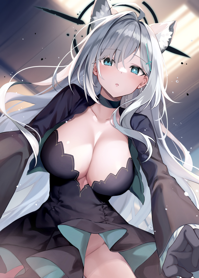 1girl ahoge animal_ear_fluff animal_ears black_dress black_gloves blue_archive blue_eyes blush breasts broken_halo ceiling_light choker cleavage collarbone cross_hair_ornament dark_halo dress extra_ears fate_(series) from_below gloves grey_hair hair_ornament halo large_breasts long_hair looking_at_viewer mismatched_pupils no_panties rei_(rei's_room) shiroko_(blue_archive) shiroko_(terror)_(blue_archive) solo very_long_hair wolf_ears