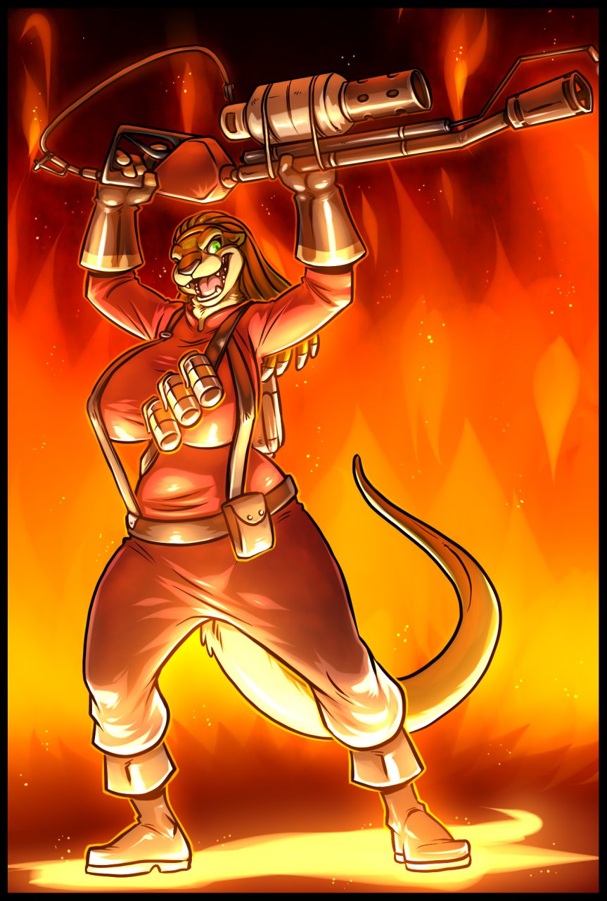 2012 abstract_background anthro big_breasts breasts brighteyes clothed clothing dreadlocks fire flamethrower fully_clothed grenade_belt grin hair herm hi_res intersex long_hair mammal mustelid neodokuro otter pyro_(team_fortress_2) raised_arms ranged_weapon smile solo suspenders team_fortress_2 valve weapon