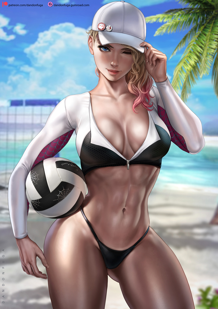 1girl abs adapted_costume artist_name ass_visible_through_thighs asymmetrical_hair ball baseball_cap beach bikini bikini_bottom_only blonde_hair blue_eyes blurry blurry_background breasts character_name cleavage cloud collarbone colored_tips contrapposto cowboy_shot cropped_jacket dandon_fuga day eyebrow_piercing gumroad_username gwen_stacy hat highres holding holding_ball holding_clothes holding_hat jacket looking_at_viewer marvel medium_breasts medium_hair multicolored_clothes multicolored_hair multicolored_jacket muscular navel ocean one_eye_closed outdoors palm_leaf partially_unzipped patreon_username piercing pink_hair pinup_(style) shore silk sky smile solo spider-gwen spider-man:_into_the_spider-verse spider-man_(series) spider-verse spider_web_print standing swimsuit tan thick_thighs thighs volleyball volleyball_(object) white_headwear xo zipper_pull_tab