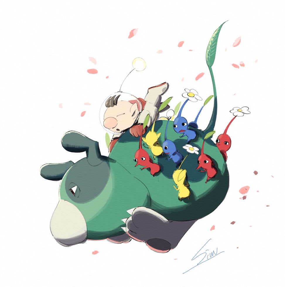 1boy :o artist_name big_nose blue_pikmin brown_hair bud claws closed_eyes commentary_request dog flower gloves helmet leaf moss_(pikmin) olimar open_mouth petals pikmin_(creature) pikmin_(series) pikmin_4 pointy_ears radio_antenna red_gloves red_pikmin riding signature simon_(kabo_chips) simple_background space_helmet spacesuit white_background white_flower yellow_pikmin