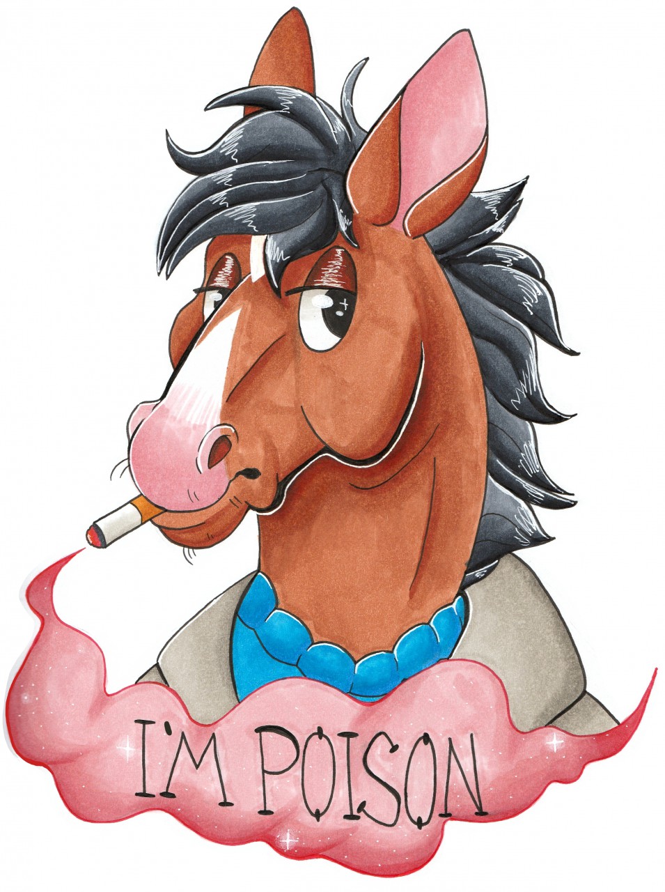 anthro black_hair bojack_horseman bojack_horseman_(character) brown_body brown_fur bust_portrait cigarette cigarette_in_mouth clothed clothing english_text equid equine fur hair hi_res horse labramazing looking_at_viewer male mammal netflix object_in_mouth portrait simple_background smoking solo text topwear white_background