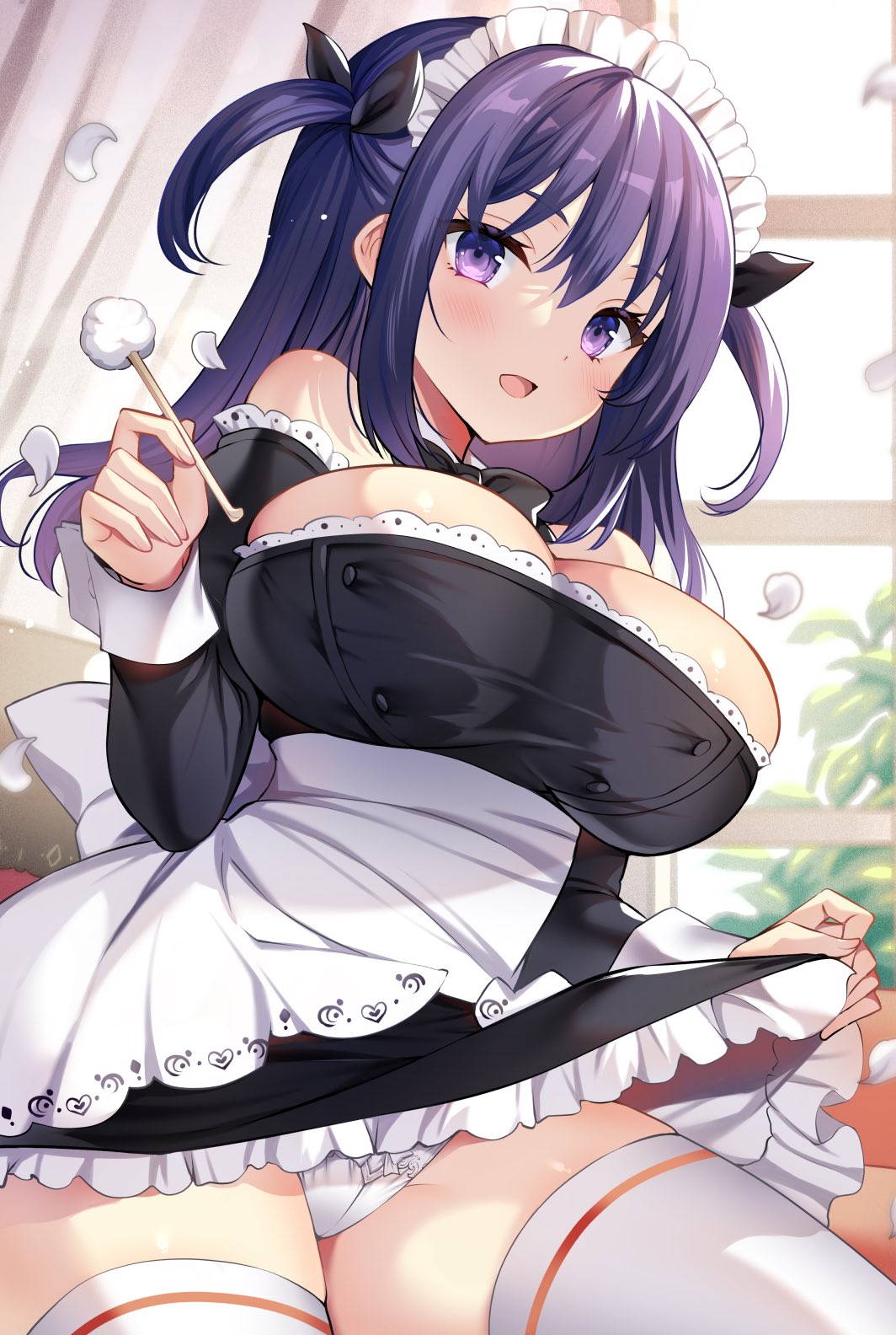 1girl apron black_dress blush breasts cherry_blossoms clothes_lift curtains dress dress_lift hair_between_eyes hair_ribbon highres holding indoors large_breasts leaf long_hair long_sleeves looking_at_viewer maid maid_apron maid_headdress mimikaki open_mouth original panties purple_eyes purple_hair ribbon sanshoku_amido simple_background sitting solo thighhighs underwear white_panties white_thighhighs window