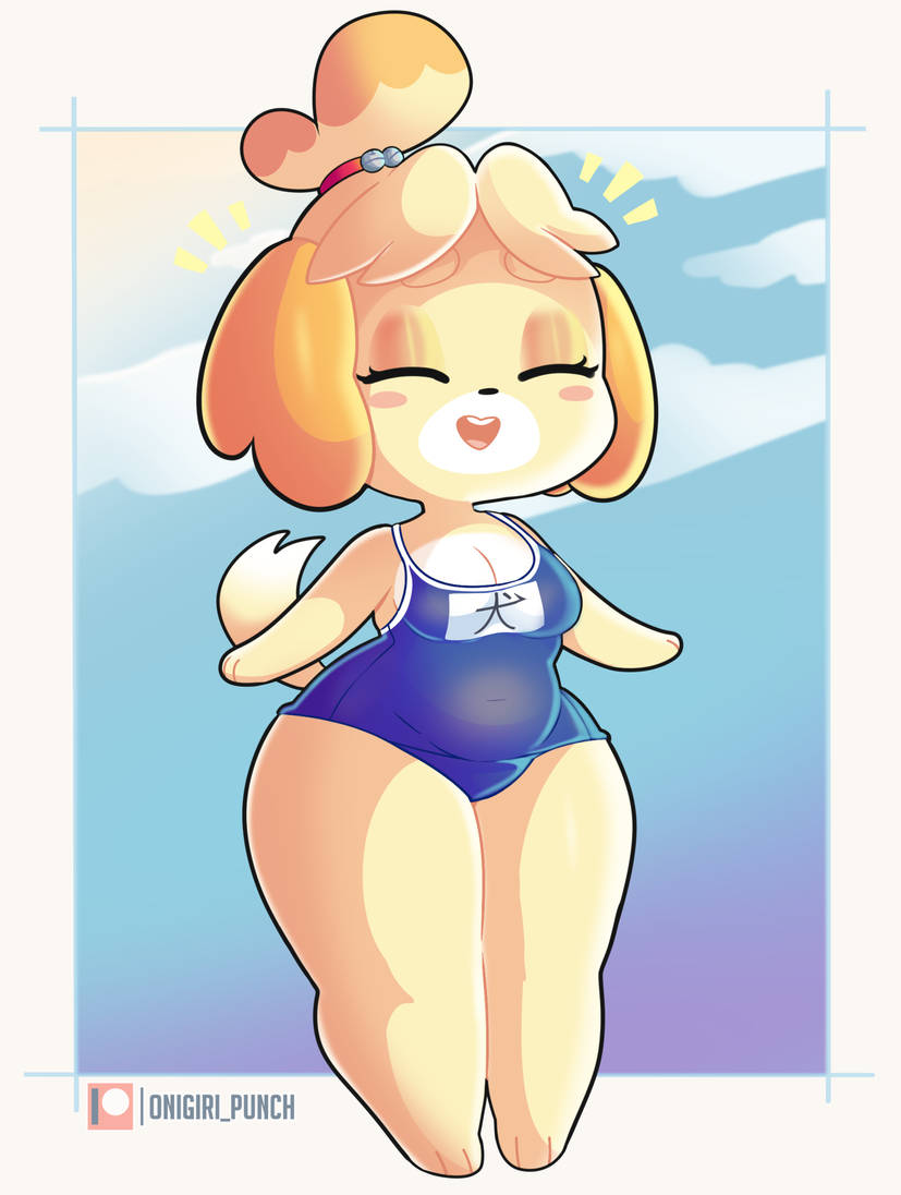 2023 animal_crossing anthro artist_name bell_accessory black_nose blonde_hair blue_background blue_clothing blue_swimwear blush border breasts canid canine canis cel_shading chubby_female clothing colored digital_media_(artwork) domestic_dog eyelashes eyes_closed female hair happy isabelle_(animal_crossing) mammal nintendo one-piece_swimsuit onigiri_punch open_mouth patreon patreon_logo red_hairband shaded shih_tzu simple_background slightly_chubby solo swimwear thick_thighs toy_dog white_border yellow_body yellow_ears