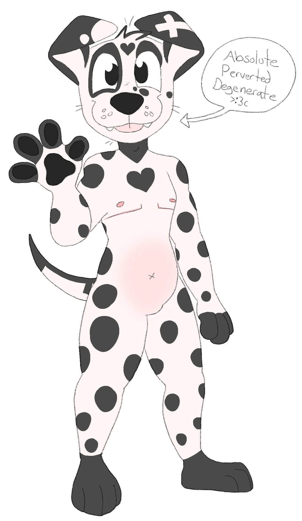 2023 adam's_apple anthro arrow_sign belly black_nose black_pawpads blep bluekyokitty canid canine canis cross_(marking) dalmatian digital_drawing_(artwork) digital_media_(artwork) domestic_dog emoticon english_text featureless_crotch flat_colors floppy_ears full-length_portrait fur gesture grey_body grey_fur handwritten_text heart_(marking) hi_res looking_at_viewer male mammal mastectomy_scar navel nipples nude pawpads pink_belly pink_nipples pink_tongue plantigrade portrait scar sebdoggo simple_background smile solo standing tail teeth text tongue tongue_out trans_(lore) trans_man_(lore) waving waving_at_viewer white_background white_body white_fur x_navel