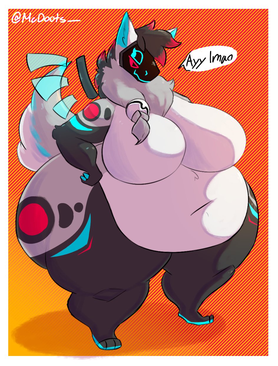 3_toes anthro belly big_belly big_breasts blue_eyes breasts digital_media_(artwork) fat_arms feet female fur grey_body grey_fur grey_hair hair hair_tied hi_res huge_breasts huge_thighs hyper hyper_thighs leg_markings machine markings mcdoots morbidly_obese morbidly_obese_anthro nanites navel nude obese obese_anthro obese_female overweight overweight_anthro overweight_female protogen red_accents screen screen_face simple_background solo speech_bubble text thick_thighs thigh_markings toes white_body white_fur wide_hips