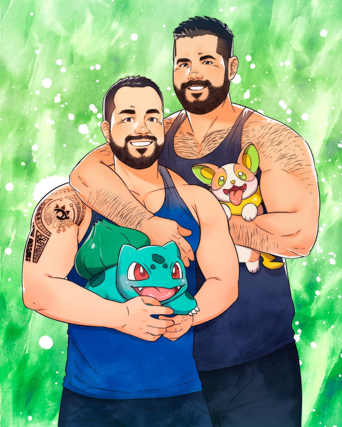 2boys arm_around_neck arm_hair back_hair bara bare_arms beard black_tank_top blue_tank_top bulbasaur character_request chest_hair_peek couple daisukebear facial_hair feet_out_of_frame hairy hand_on_another's_chest highres looking_at_viewer male_focus mature_male multiple_boys muscular muscular_male original pectoral_cleavage pectorals pokemon receding_hairline short_hair shoulder_tattoo side-by-side sidepec smile standing stomach tank_top tattoo thick_mustache undercut yaoi