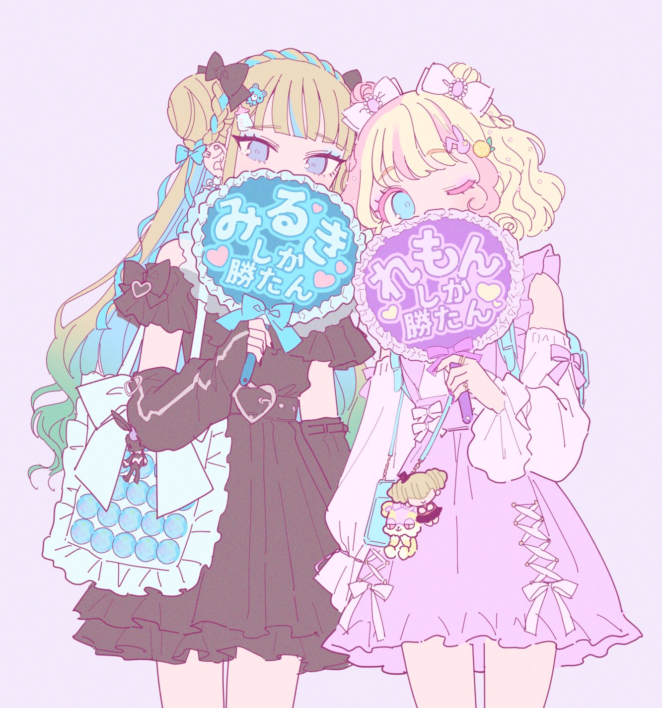 2girls amauri_miruki amauri_miruki_(primagista) arm_warmers bag black_bow blonde_hair blue_bow blue_eyes blue_eyeshadow blue_hair blunt_bangs bow braid braided_bun carron_(waccha_primagi!) carron_(waccha_primagi!)_(rabbit) character_name clothing_cutout commentary_request covered_mouth cowboy_shot crown_braid double_bun earrings eyeshadow flower food-themed_hair_ornament gradient_hair grey_background hair_bow hair_bun hair_flower hair_ornament hand_fan hand_fan_writing hanitan hanitan_(bear) heart highres holding holding_fan itabag jewelry jirai_kei kokoa_remon kokoa_remon_(primagista) lemon_hair_ornament long_hair long_sleeves looking_at_viewer makeup multicolored_hair multiple_girls o4ritarou otaku paper_fan pink_hair pink_skirt pretty_(series) rabbit_hair_ornament shirt short_hair shoulder_bag shoulder_cutout simple_background skirt standing streaked_hair tote_bag uchiwa waccha_primagi! white_bow white_shirt