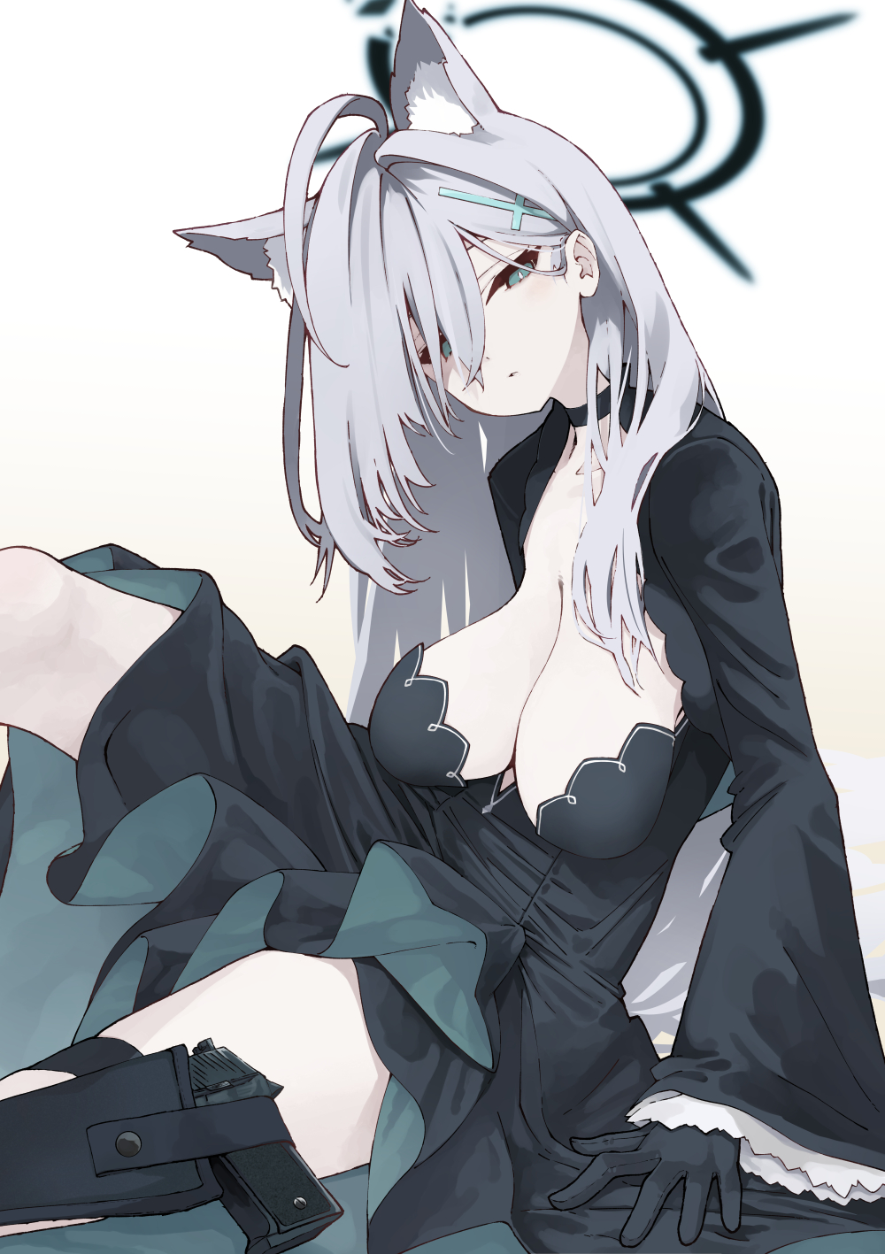 1girl animal_ear_fluff animal_ears black_dress black_jacket blue_archive blue_eyes breasts choker cleavage collarbone cropped_jacket cross_hair_ornament dress extra_ears grey_hair gun hair_ornament halo highres iwasaki_takashi jacket large_breasts long_hair long_sleeves looking_at_viewer open_clothes open_jacket shiroko_(blue_archive) shiroko_terror_(blue_archive) sidelocks sitting solo thighs variant_set weapon wolf_ears