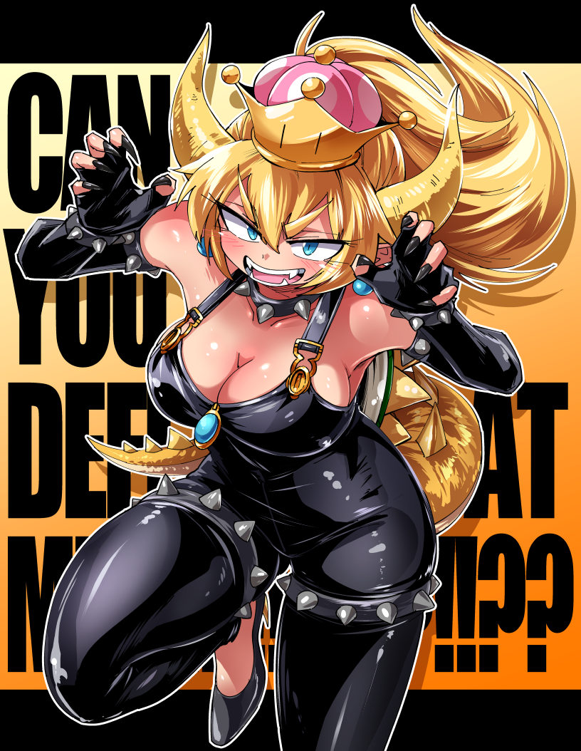 1girl armlet bare_shoulders black_gloves black_nails black_overalls blonde_hair blue_eyes blush bowsette bracelet breasts cleavage collar commentary_request crown elbow_gloves english_text fingerless_gloves fingernails foot_out_of_frame gloves hair_between_eyes horns jewelry large_breasts letterboxed long_hair looking_at_viewer mario_(series) medium_bangs new_super_mario_bros._u_deluxe open_mouth outline overalls pointy_ears shimizu_pem smile solo spiked_armlet spiked_bracelet spiked_collar spiked_shell spiked_tail spikes super_crown tail turtle_shell v-shaped_eyebrows white_outline yellow_horns