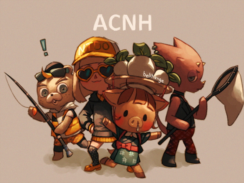 ! 2boys 2girls :3 animal_crossing animal_ears artist_name baseball bellhenge black_choker black_eyes black_footwear black_headwear black_hoodie black_pantyhose black_shirt black_socks blue_eyes blue_jacket blue_kimono blunt_bangs blunt_ends blush boots bow brown_footwear brown_hair butterfly_net character_request choker closed_mouth collar collared_sweater commentary copyright_name english_commentary eyewear_on_head fishing_rod freckles furry furry_female furry_male grey_background half-closed_eyes hand_net hands_on_own_hips haori hat headwear_request heart heart-shaped_eyewear high-visibility_vest holding holding_butterfly_net holding_fishing_rod hood hood_down hooded_shirt hoodie hooves jacket japanese_clothes kimono layered_sleeves leg_up long_hair mary_janes medium_hair multiple_boys multiple_girls open_clothes open_jacket open_mouth open_vest outstretched_arms over-kneehighs oversized_clothes pants pantyhose pig_ears pig_nose pink_bow plaid plaid_pants plaid_shorts polka_dot_socks red_pants shadow shirt shoes short_kimono short_sleeves shorts sleeveless sleeveless_shirt small_horns smile snot_trail socks solid_oval_eyes sunglasses sweater tail thick_eyebrows thighhighs two-tone_headwear upper_body v-shaped_eyebrows vest villager_(animal_crossing) waist_bow white_collar white_hair white_headwear white_shirt yellow-framed_eyewear yellow_footwear yellow_headwear yellow_horns yellow_shorts yellow_sweater yellow_vest