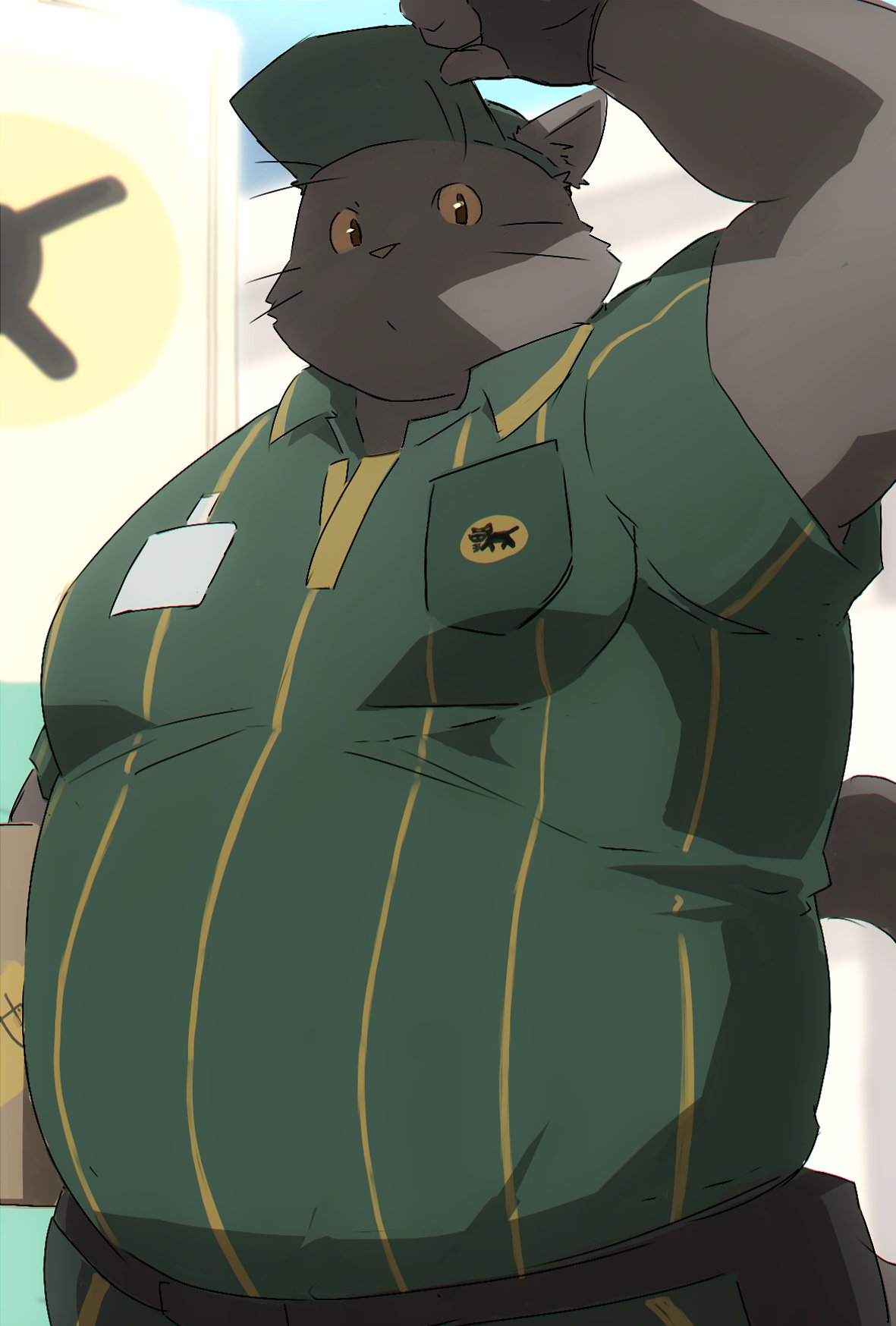 2023 anthro belly big_belly black_body clothing domestic_cat felid feline felis hat headgear headwear hi_res kemono kisukemk777 male mammal overweight overweight_male shirt solo topwear