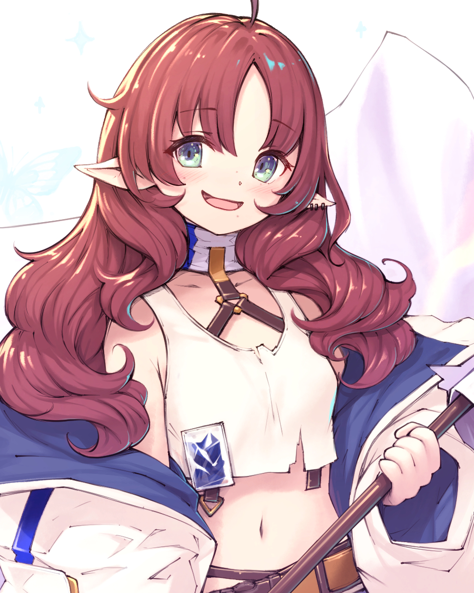 :d ahoge arknights bare_shoulders belt blush coat collarbone crop_top earrings gogatsu_no_renkyuu green_eyes holding_banner jewelry long_hair long_sleeves looking_at_viewer midriff myrtle_(arknights) navel off_shoulder open_clothes open_coat open_mouth pointy_ears red_hair simple_background smile stomach upper_body vehicle_focus white_background white_coat