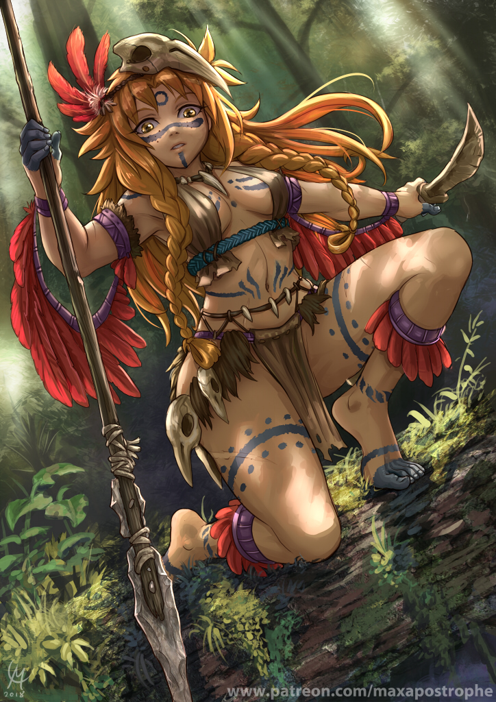 1girl alternate_costume armband bare_legs barefoot bird_skull bird_wings blue_rope body_markings braid braided_bangs breasts cleavage feathers feet freckles glint holding holding_knife jewelry knife les_chevaucheurs loincloth long_hair looking_at_viewer maxa' messy_hair navel necklace on_one_knee orange_hair patreon_username phenice_walholl red_feathers rope sharp_teeth solo teeth toes tooth_necklace tree tribal wings yellow_eyes