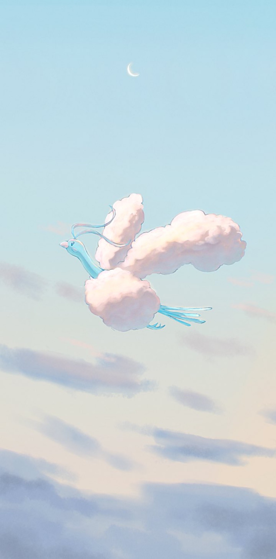 altaria animal_focus bird commentary_request crescent_moon day flying from_side highres moon no_humans outdoors papiko_(inko_910) pokemon pokemon_(creature) sky solo