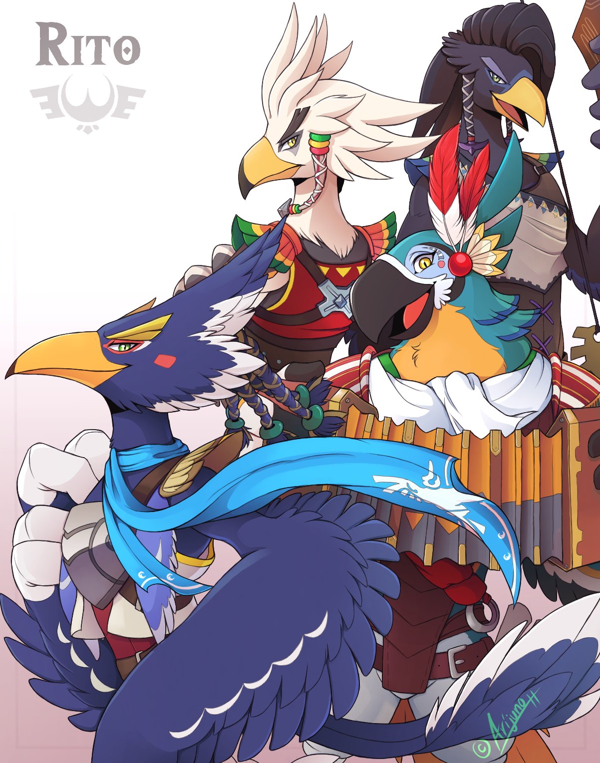 4boys accordion arijuno armor artist_name asymmetrical_hair beak belt bird_boy bird_tail black_fur black_hair blue_fur blue_hair blue_scarf body_fur bow_(weapon) braid breastplate closed_mouth commentary english_commentary english_text feather_hair_ornament feathers from_behind from_side furry furry_male gradient_background green_eyes hair_ornament hair_tie hair_tubes hand_on_own_chest hand_up happy harth_(zelda) highres holding holding_bow_(weapon) holding_instrument holding_weapon instrument kass looking_at_viewer looking_back male_focus medium_hair multiple_boys open_mouth profile quad_tails red_feathers red_shirt revali rito scarf shirt short_hair shoulder_pads signature simple_background smile spiked_hair standing tail teba_(zelda) the_legend_of_zelda the_legend_of_zelda:_breath_of_the_wild twitter_username two-tone_fur weapon white_background white_fur white_hair white_scarf white_shirt winged_arms wings yellow_eyes yellow_fur