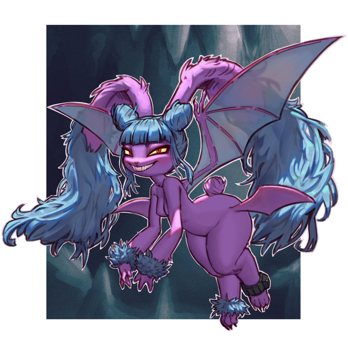 1girl blue_hair colored_skin crobat flying furry furry_female fusion grin highres looking_at_viewer lopunny multiple_wings napalm_express pokemon pokemon_(game) pokemon_infinite_fusion purple_skin red_eyes smile solo wings